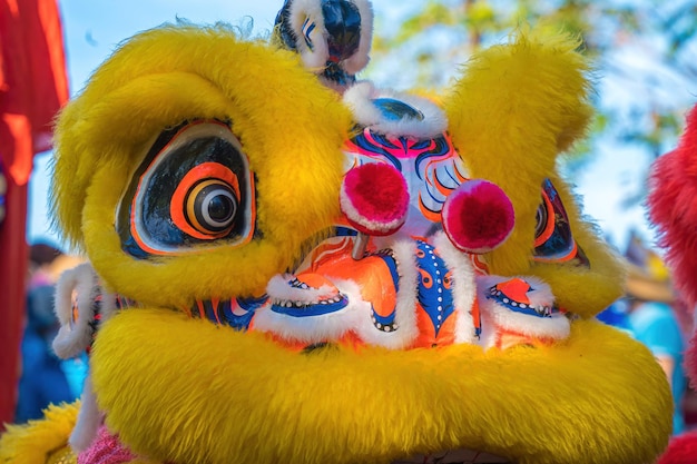 A head of Chinese Lion dance in the Chinese new year festival Lion and dragon dance during Chinese New Year celebration Group of people perform a traditional lion dance