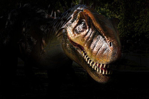 The head of dinosaur in the dark background