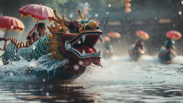 Photo head of dragon boat on the water on dragon boat festival