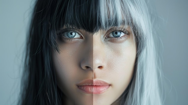 The head of a female with grayblack hair hair dyeing Both prior to and following up close Generative AI