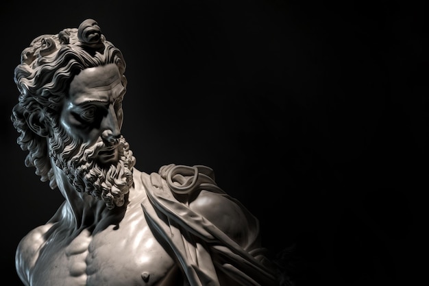 Head of greek god sculpture statue of a man with long beard on dark background AI generated image