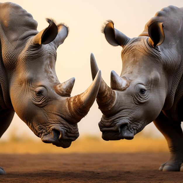 Photo head to head encounter two white rhinoceroses display their formidable presence for social media pos