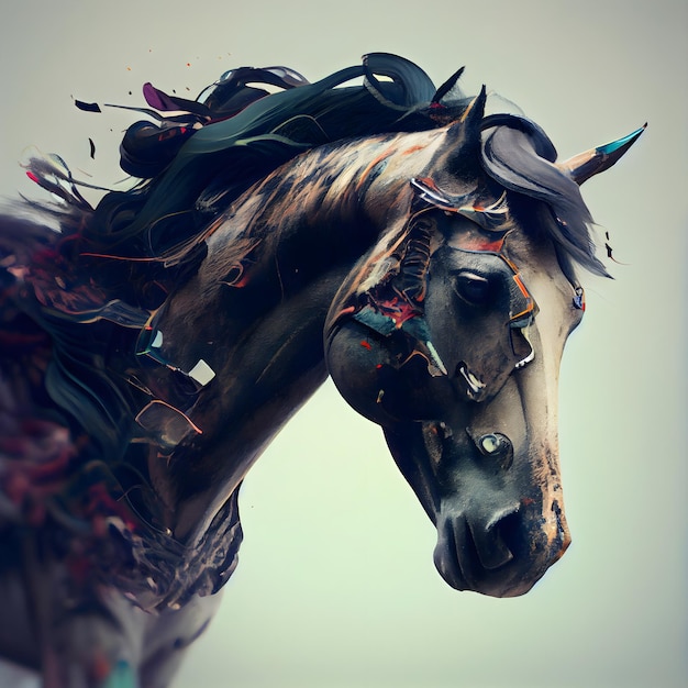 Head of a horse with multicolored splashes of paint