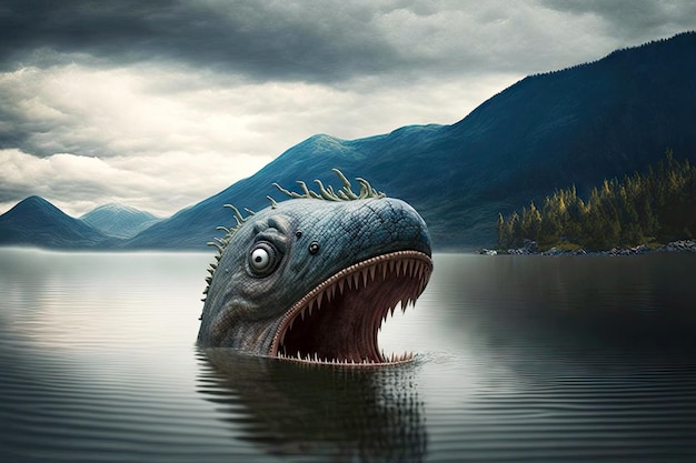 Head of Loch Ness monster peeking out of water against background of mountains