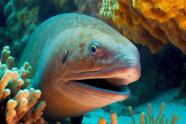 Head of moray eel peeking out of underwater burrow at bottom of sea