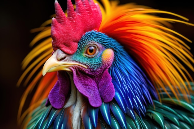 The head of a multicolored rooster on a black background