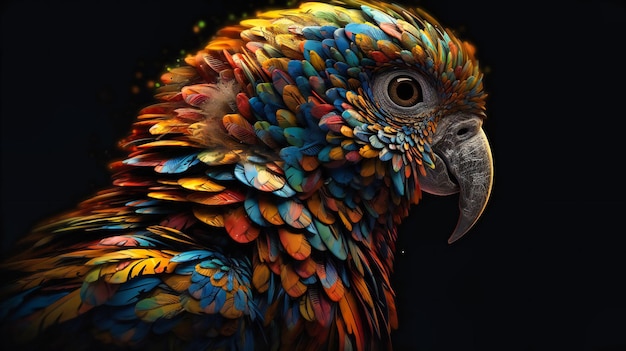 The head of a parrot with colorful feathers on its head