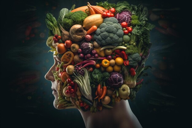 A head of a person with a head full of vegetables and fruits generative ai