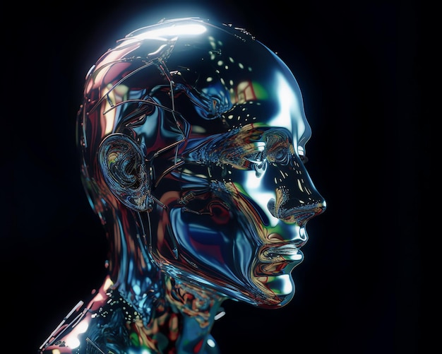 A head of a robot with a shiny metal face