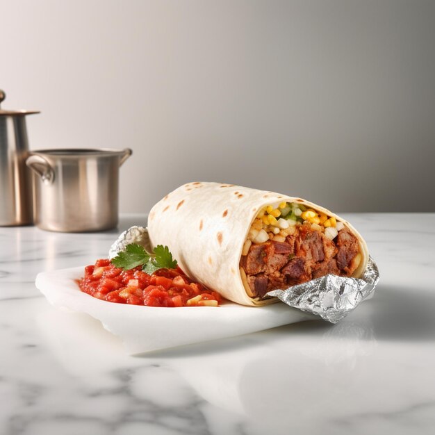 Over head shot of delicious burrito with chips and salsa white marble table studio proffesiional l