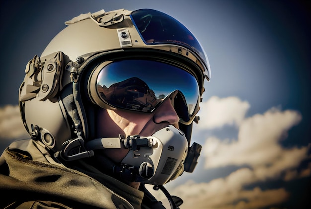 Head shot of fighter pilot flying on the high sky in the airspace for national defense or world war Portrait of soldier Generative AI