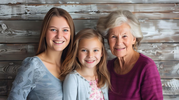 Head shot portrait close up smiling little girl with young mother and mature grandmo Generative AI