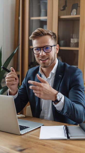 Photo head shot portrt confident businessman coach wearing glasses looking at camera and talking mentor s