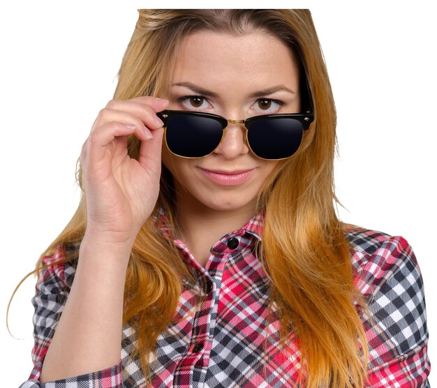 Head shot of woman wearing sunglasses