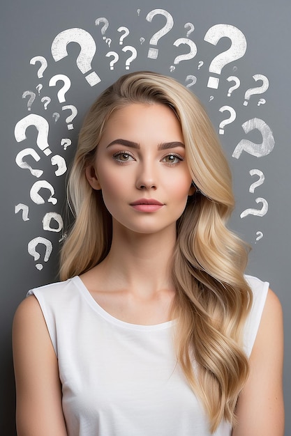 Head and shoulders portrait of a beautiful young woman with fair hair wearing white and thinking looking sideways Many question marks on a gray wall