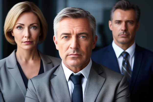 Head and shoulders portrait of a group of serious mature businesspeople in an office