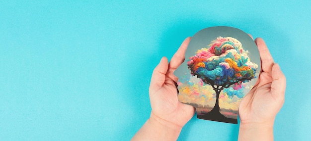 Head with colorful tree, spirituality and creativity concept, connection to nature, positive emotion