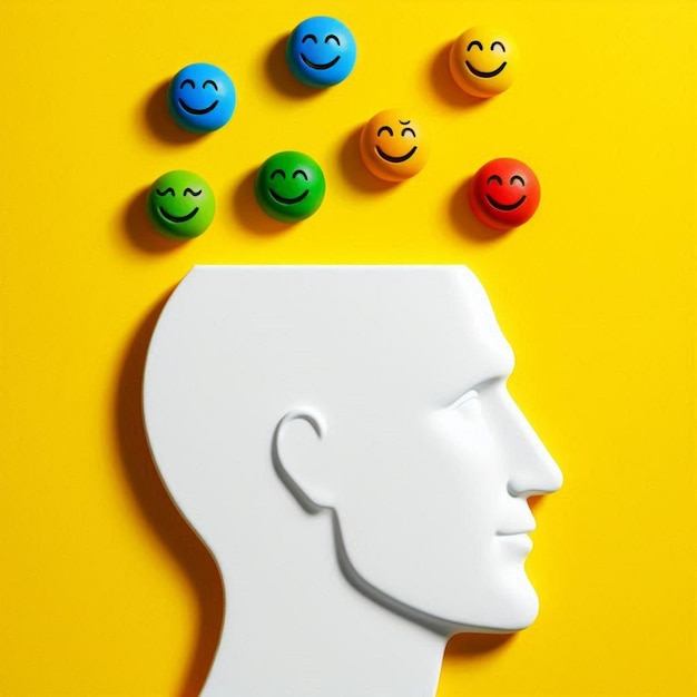 Photo a head with different colored buttons on it and a mans head with a smile on it