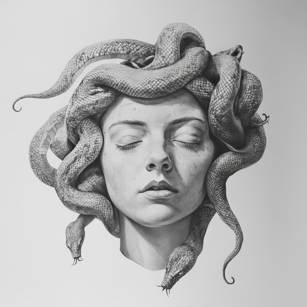 A head of a woman with snakes around her head