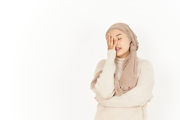 Headache of Beautiful Asian Woman Wearing Hijab Isolated On White Background