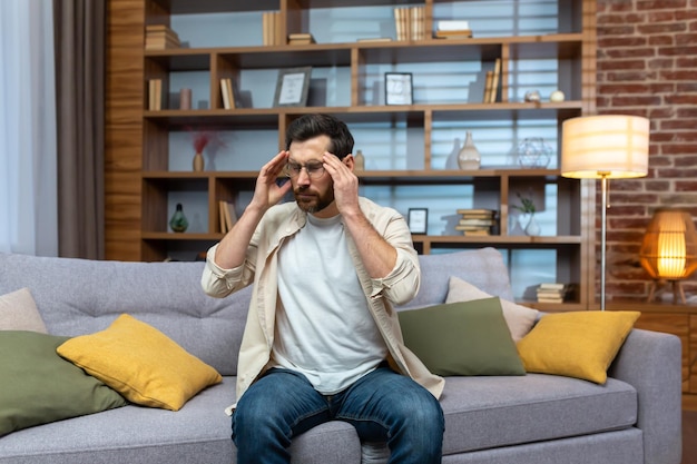 Headache of mature single man sitting on sofa alone at home and holding head with hands in living