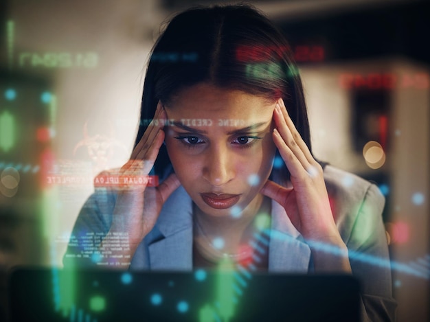 Headache stressed and serious frustrated finance trader feeling bad tired and unhappy with her financial stock investments Upset worried and worried female thinking while working on her computer