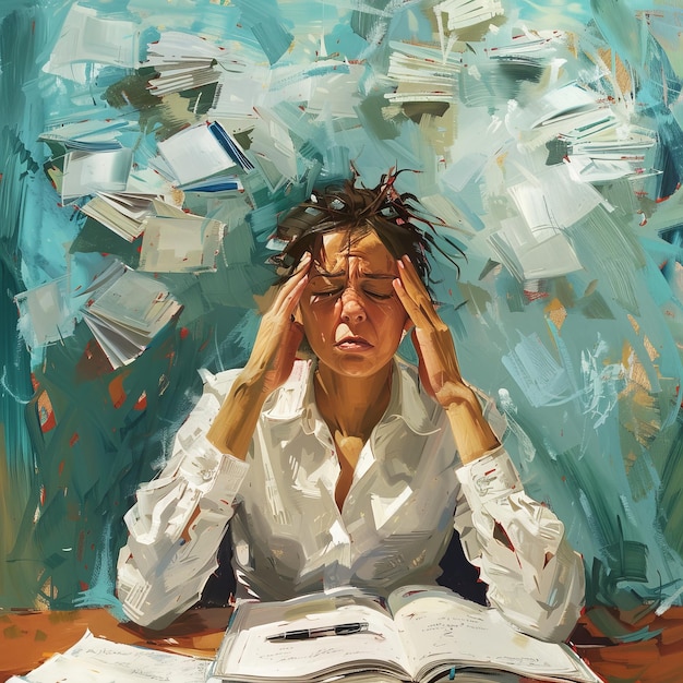 Photo headache at work a person sitting at their desk massaging their temples with a pained expression surrounded by paperwork ar 11 stylize 50 job id 07c41dac07a84925abb7a2d8a8a40072