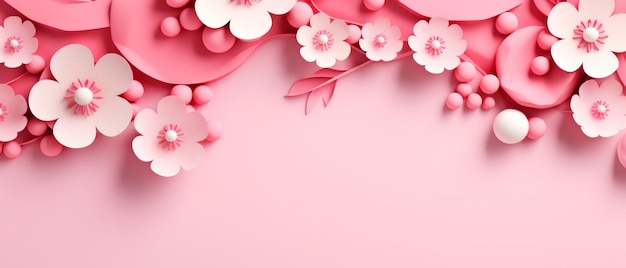 Header with flowers on light pink background Greeting card template for mothers womans day