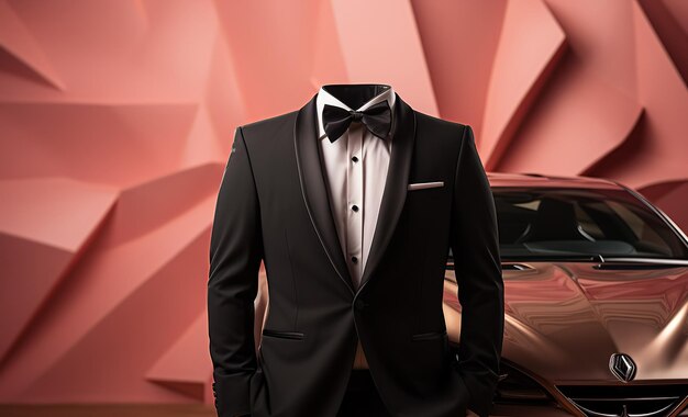 headless male mannequin brutal man in a suit and a car on a pink abstract background