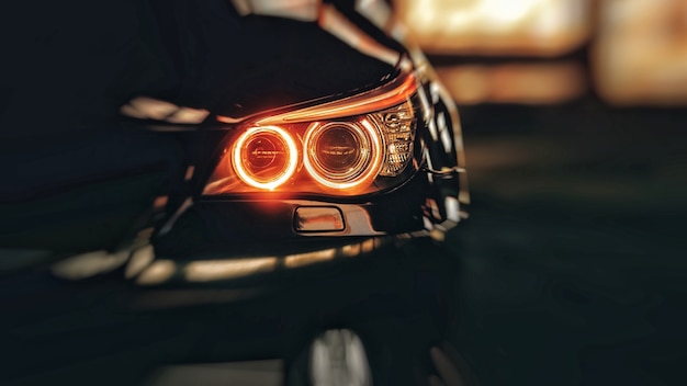 Headlights of black modern car close up Modern luxury car closeup banner background Concept of expensive sports auto