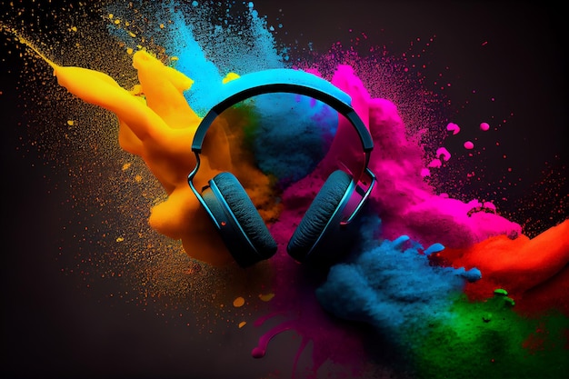 Headphone and vivid color powder Creative music and festival conceptgenerative ai