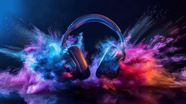 Headphone with vibrant colorful smoke dust splashes concept AI generated image