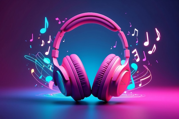 Headphones on blue pink background with music notes Neon colors Eighth note