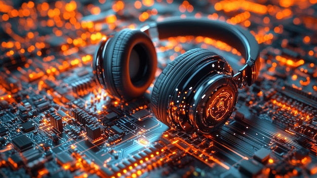 Photo headphones on a circuit board with glowing lights