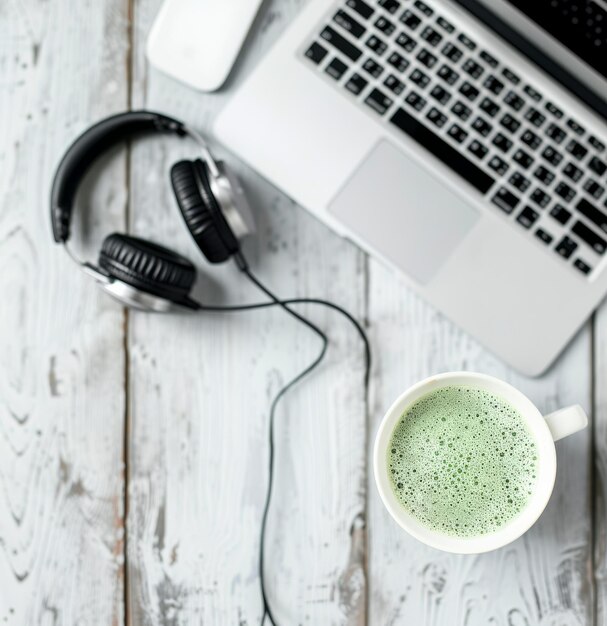 Photo headphones and coffee on a white desk