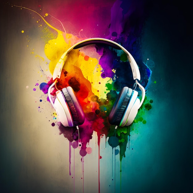 Headphones on colorful background with splashes of paint Generative AI