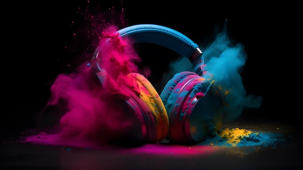 Headphones in a colorful smokey smokey background