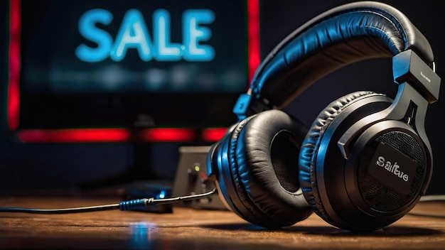 Photo headphones and a gaming console with a sale sign glowing neon lights for tech sales and promotions