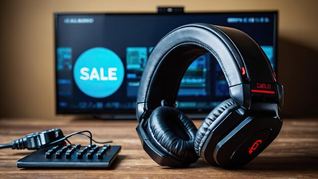 Photo headphones and a gaming console with a sale sign glowing neon lights for tech sales and promotions