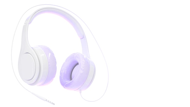 Headphones for listen music dj audio headset isolated on white background Purple white stereo earphones with wire accessory with sound speakers angle view Realistic 3d render mockup ad banner