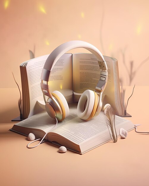 Headphones lying on an open book created with Generative AI technology