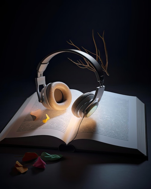 Headphones lying on an open book created with Generative AI technology