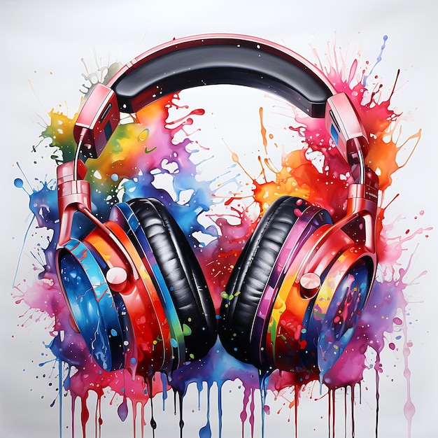 Headphones music notes rainy window watercolor painting rainbowcore white background