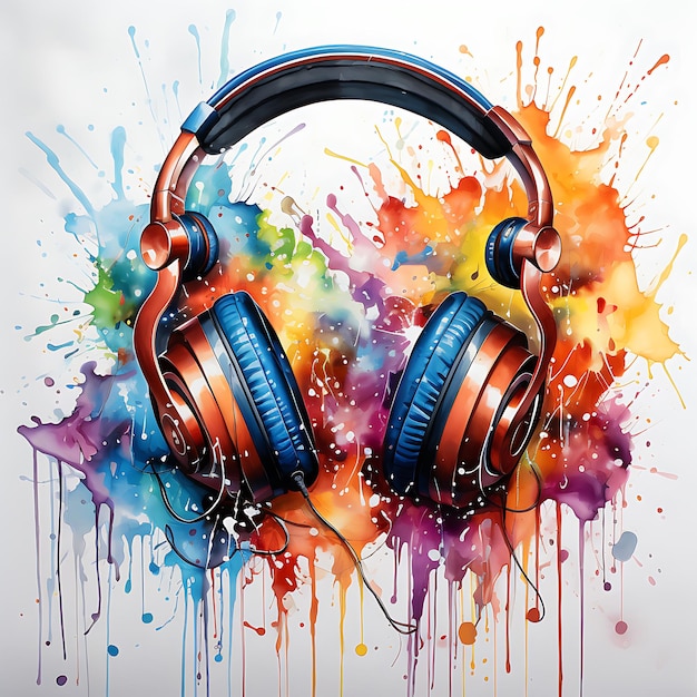 Headphones music notes rainy window watercolor painting rainbowcore white background