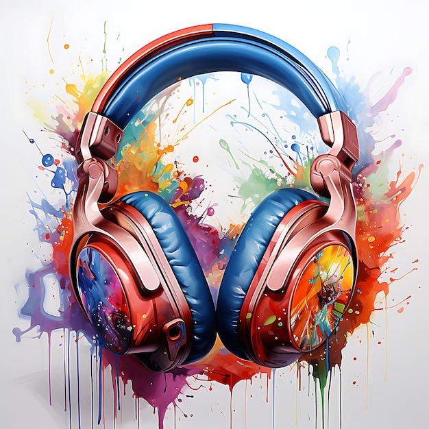 Headphones music notes rainy window watercolor painting rainbowcore white background