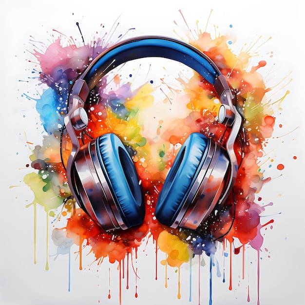 Headphones music notes rainy window watercolor painting rainbowcore white background