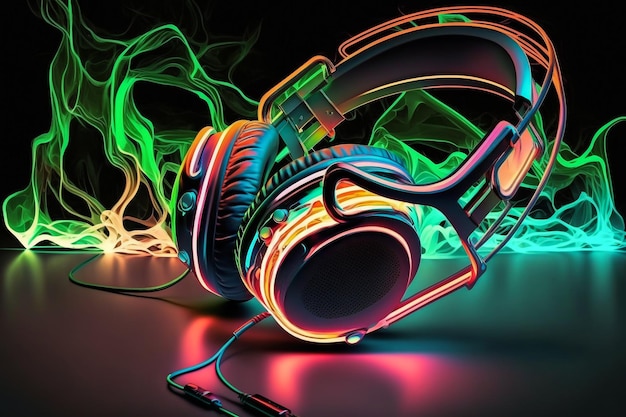 Headphones in neon jets of energy illustration Generative AI