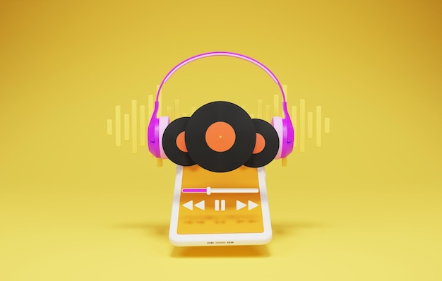 Photo headphones playing music with turntable on yellow background smartphone