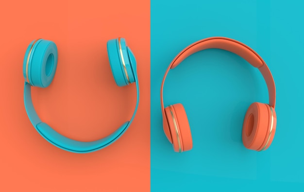 Headphones realistic 3d render background with blue orange and golden wireless audio earphones