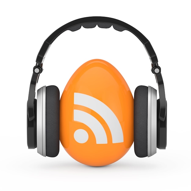 Headphones over RSS Podcast Logo Icon on a white background. 3d Rendering